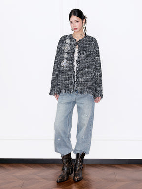 MUKZIN“Capsule Collection”Black & White Tweed Fringe Cardigan with Retro Diamond Embellishments (Chanel-Style Jacket)