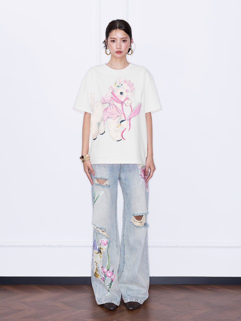 MUKZIN“Night Ballad of Chang'an”Distressed Vintage Wide-Leg Jeans | Dragon Fruit & Botanical Print Appliques Denim Pants