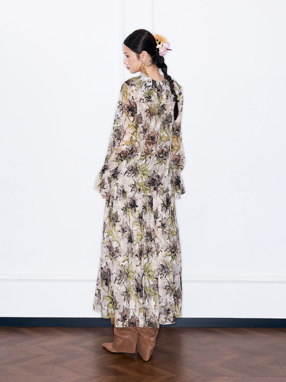 MUKZIN¡°Capsule Collection¡±Vintage Floral Print Chiffon Maxi Dress, Long Sleeve Ruffle Hem Boho Long Dress for Women