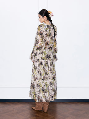 MUKZIN¡°Capsule Collection¡±Vintage Floral Print Chiffon Maxi Dress, Long Sleeve Ruffle Hem Boho Long Dress for Women