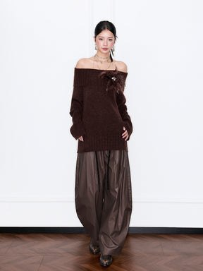 MUKZIN“Capsule Collection”Off-the-shoulder Feather Decor Loose Sweater