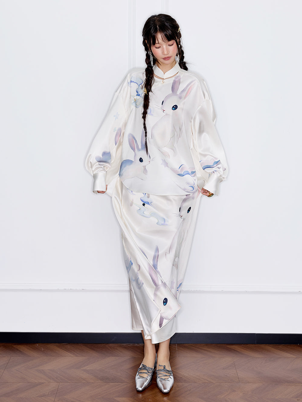 MUKZIN“Capsule Collection”New Chinese Style National Style Jade Rabbit Print Oblique Placket Blouse