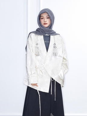 MUKZIN Linglong“Cloud River” Embroidered Sheen Asymmetrical Blouse