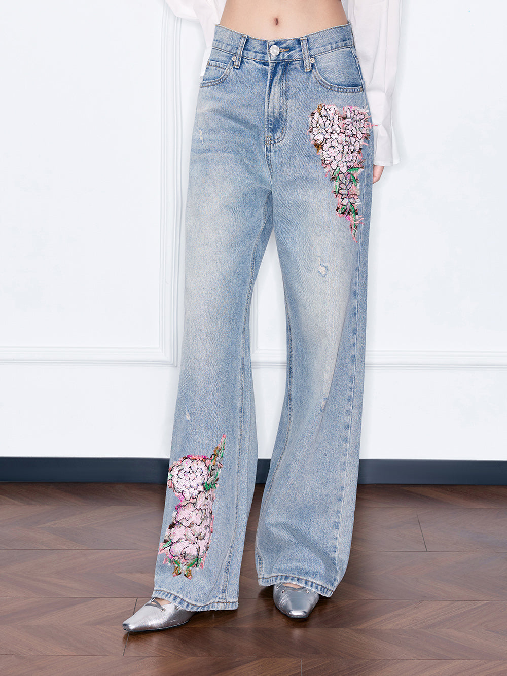 MUKZIN“Night Ballad of Chang'an”Floral Embroidered Wide-Leg Jeans | Distressed Vintage Denim Pants with Sequin Floral Appliques