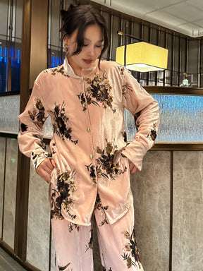 MUKZIN“Capsule Collection”Pink Floral Print Velvet Button-Down Shirt | Oriental Mandarin Collar Long Sleeve Blouse