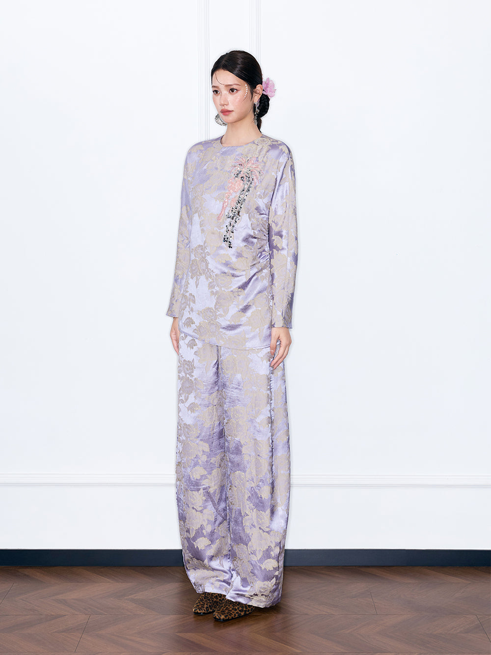 MUKZIN“Capsule Collection”Lavender Floral Jacquard Long Sleeve Top | Sequin Embroidered Oriental Blouse