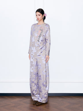 MUKZIN“Capsule Collection”Lavender Floral Jacquard Long Sleeve Top | Sequin Embroidered Oriental Blouse