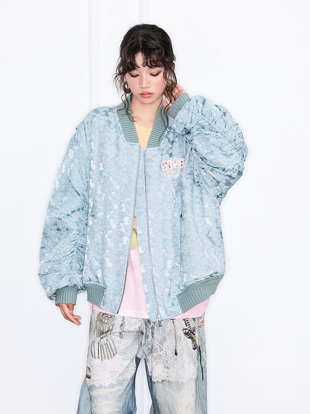MUKZIN“Realm of Ethereal Mist”Retro Tie - Dye Embroidered Loose Bomber Jacket