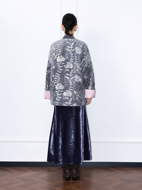 MUKZIN“Capsule Collection”Luxury Navy Velvet Side-Slit Midi Skirt