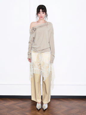 MUKZIN“Realm of Ethereal Mist”Lace Panel Distressed Jeans