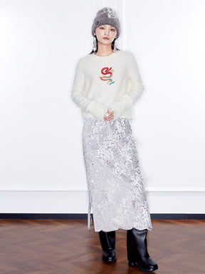 MUKZIN Linglong Long —Snake Embroidery Mohair Blend Sweater (White/Grey)