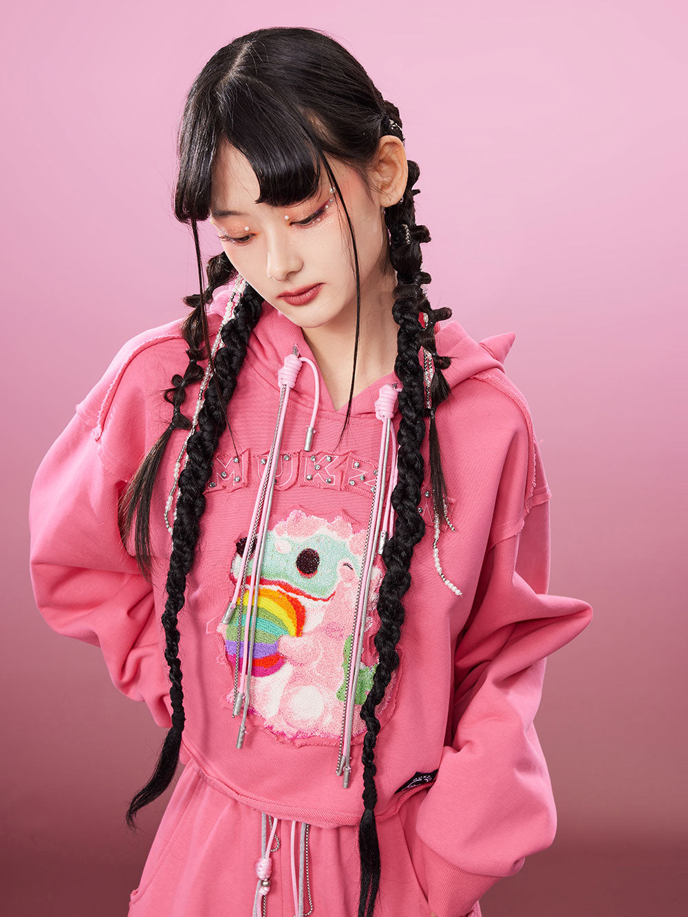 MUKZIN Pink Cute Embroidered Campus Style Sweatshirt
