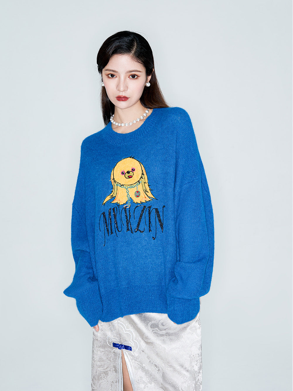 MUKZIN Linglong "Time Machine" Silhouette Crew Neck Cartoon Knit Blue Sweater