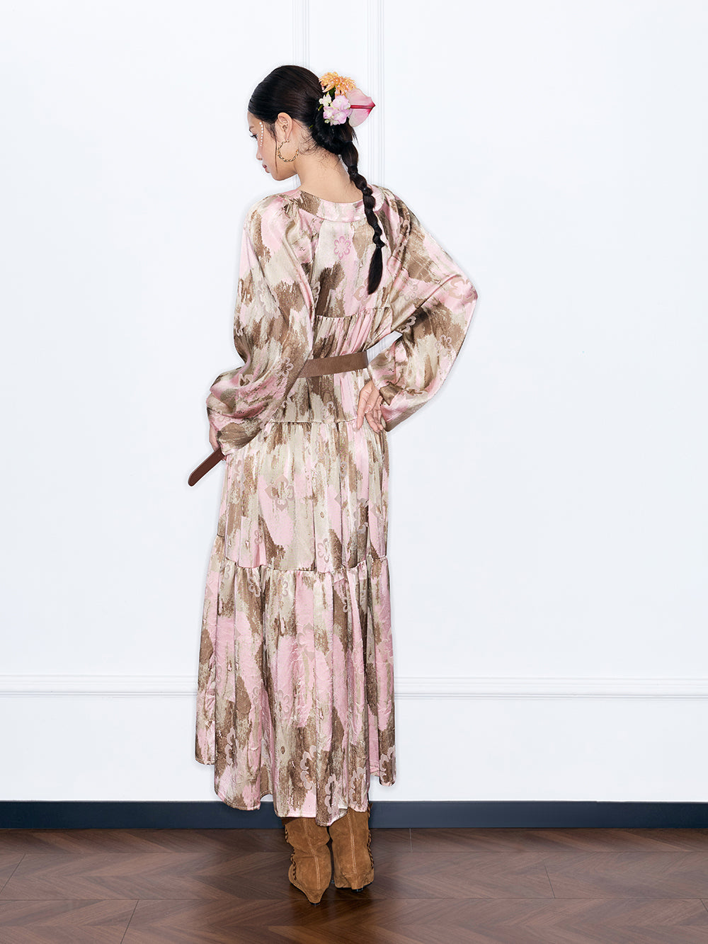MUKZIN“Capsule Collection”Pink Abstract Print Tiered Maxi Dress | Oriental Sequin Embellished Long Sleeve Dress with Belt