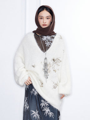 MUKZIN Linglong"Snow Frost" V-Neck Oversized Long Alpaca Wool Knit Sweater