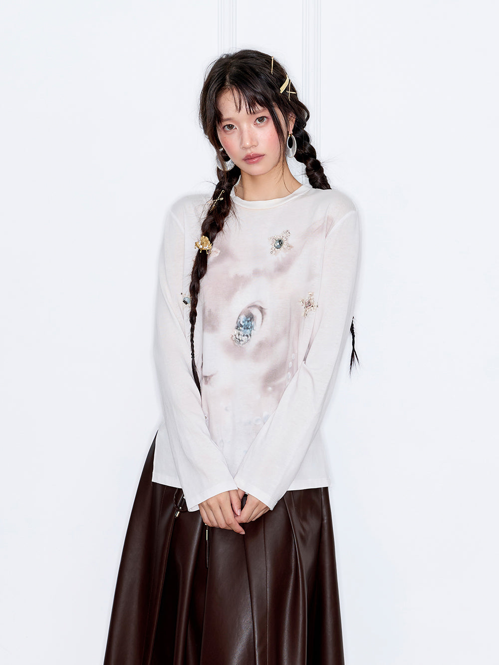 MUKZIN“The Sequence of Deer's Call”White Ink Painting Print Decor Oversized Long-Sleeve Top