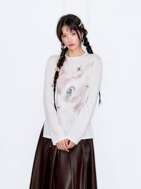 MUKZIN“The Sequence of Deer's Call”White Ink Painting Print Decor Oversized Long-Sleeve Top