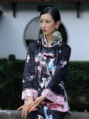 MUKZIN  Linglong "Linglongzi" Stand Collar Velvet Printed Cardigan