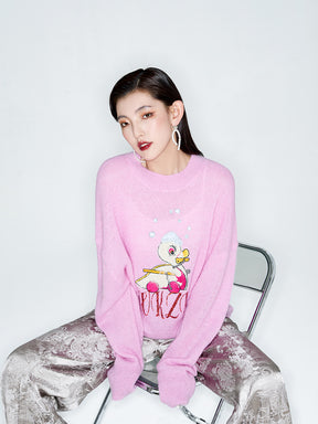 MUKZIN Linglong "Time Machine" Silhouette Crew Neck Cartoon Knit Blue Sweater