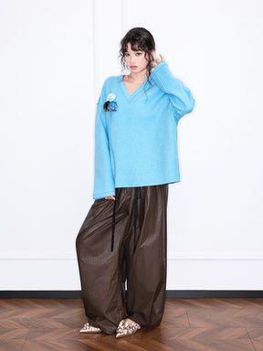 MUKZIN“Realm of Ethereal Mist”European-American Style Lazy Vibe Blue V-Neck Top with 3D Flower Embellishments