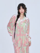 MUKZIN“Capsule Collection”Pink Velvet Chinese-Style Printed Slant-Collar Top