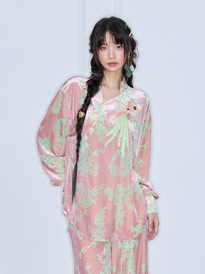 MUKZIN“Capsule Collection”Pink Velvet Chinese-Style Printed Slant-Collar Top