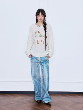 MUKZIN“The Sequence of Deer's Call”Cream White Contrast Trim Pony Decor Oversized Fuzzy Knit Sweater