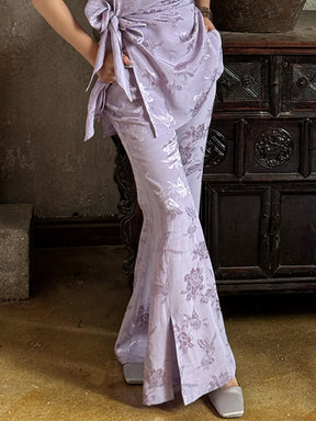 MUKZIN“Capsule Collection”Light Purple Chinese - style Frog Button Floral Embroidered Wide - Leg Pants