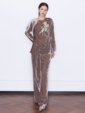 MUKZIN“Capsule Collection”Coffee Velvet Long Sleeve Top | Oriental Floral Embroidered Sequin Embellished Blouse
