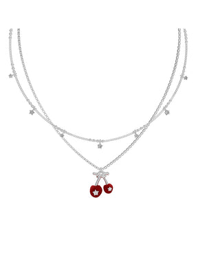 MUKTANK×SUN HUNTER Double-layered Necklace with Velvet Cherries and Five-pointed Stars
