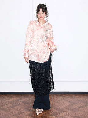 MUKZIN“Realm of Ethereal Mist”European-American Style Silky Draping Pink Gradient Long-Sleeve Shirt with Rhinestones & Slouchy Collar