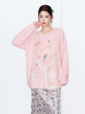 MUKZIN“The Sequence of Deer's Call”Pink/Green Halo Tie-Dye Distressed Decor Oversized Fuzzy Knit Sweater
