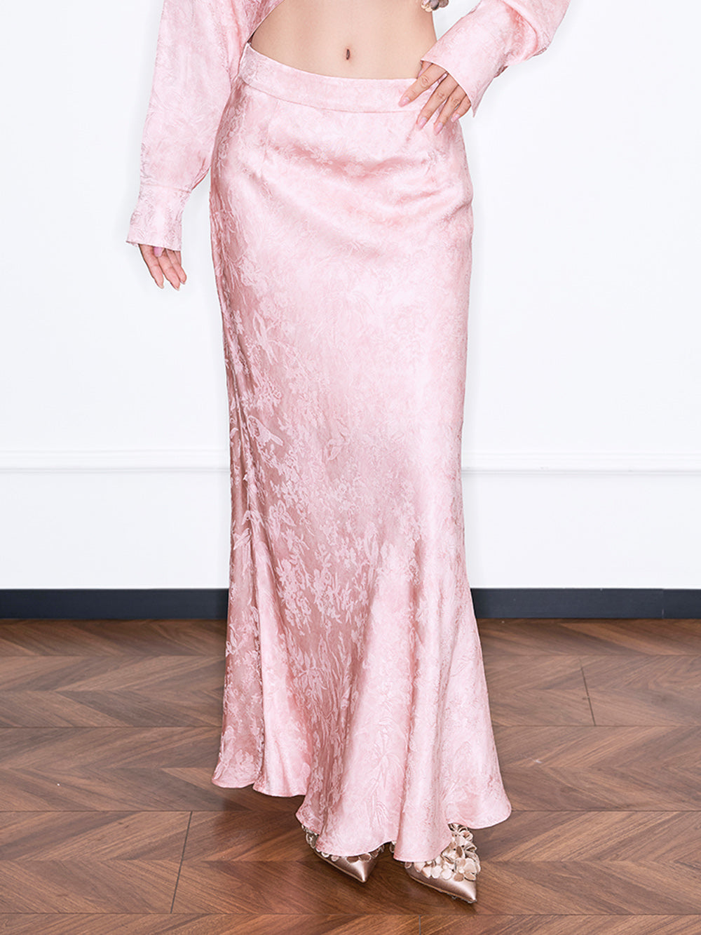 MUKZIN“Realm of Ethereal Mist”National Style Pink Jacquard Satin High-slit Slim Long Midi Skirt