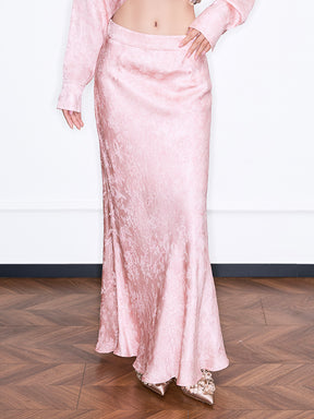 MUKZIN“Realm of Ethereal Mist”National Style Pink Jacquard Satin High-slit Slim Long Midi Skirt
