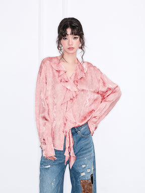 MUKZIN“Realm of Ethereal Mist”Pink Jacquard Ruffled Tie-Neck Blouse
