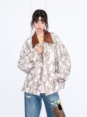 MUKZIN“Realm of Ethereal Mist”Loose Jacket with Plant Pattern, Contrast - Color Collar and Splicing Design