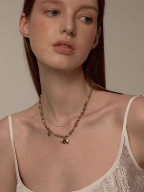 MUKTANK×SUN HUNTER Double-layered Necklace with Little Elephant Design and Speckled Stone