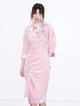 MUKZIN“Realm of Ethereal Mist”National Style Improved Pink Velvet Embroidered Hollowed-out Pleated Slit Dress