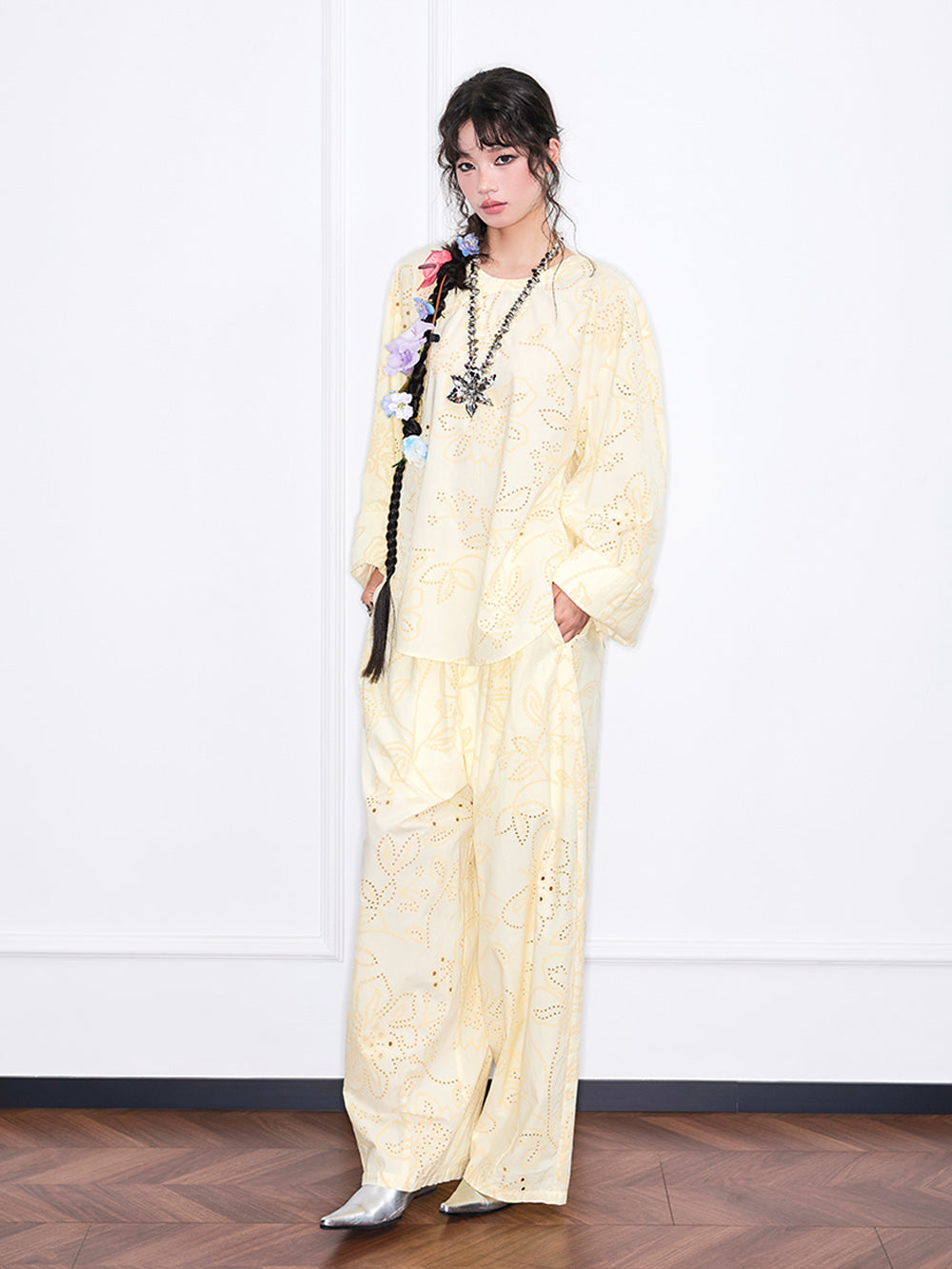 MUKZIN“Realm of Ethereal Mist”Light Yellow Floral Hollow - out Loose Top