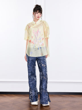 Mukzin "Ode To The New Summer"New Chinese-Style Shirt With Frog Buttons At The Collar And Printed Patterns