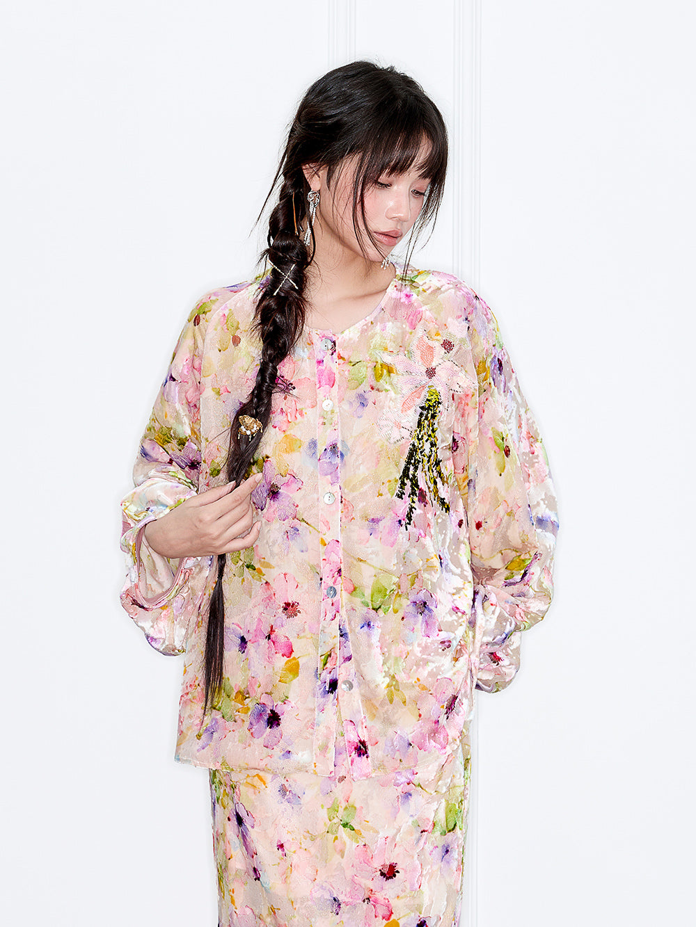 MUKZIN“Capsule Collection”Floral Watercolor Style Single-Breasted Embroidered Top