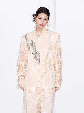 MUKZIN“Night Ballad of Chang'an”Beige Jacquard Sleeveless Vest with Sequin Embroidery | Oriental Wrap Belted Waistcoat
