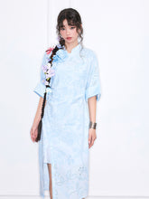 MUKZIN“Realm of Ethereal Mist”National Style Blue Jacquard Pleated Slit Half-sleeve Qipao Dress