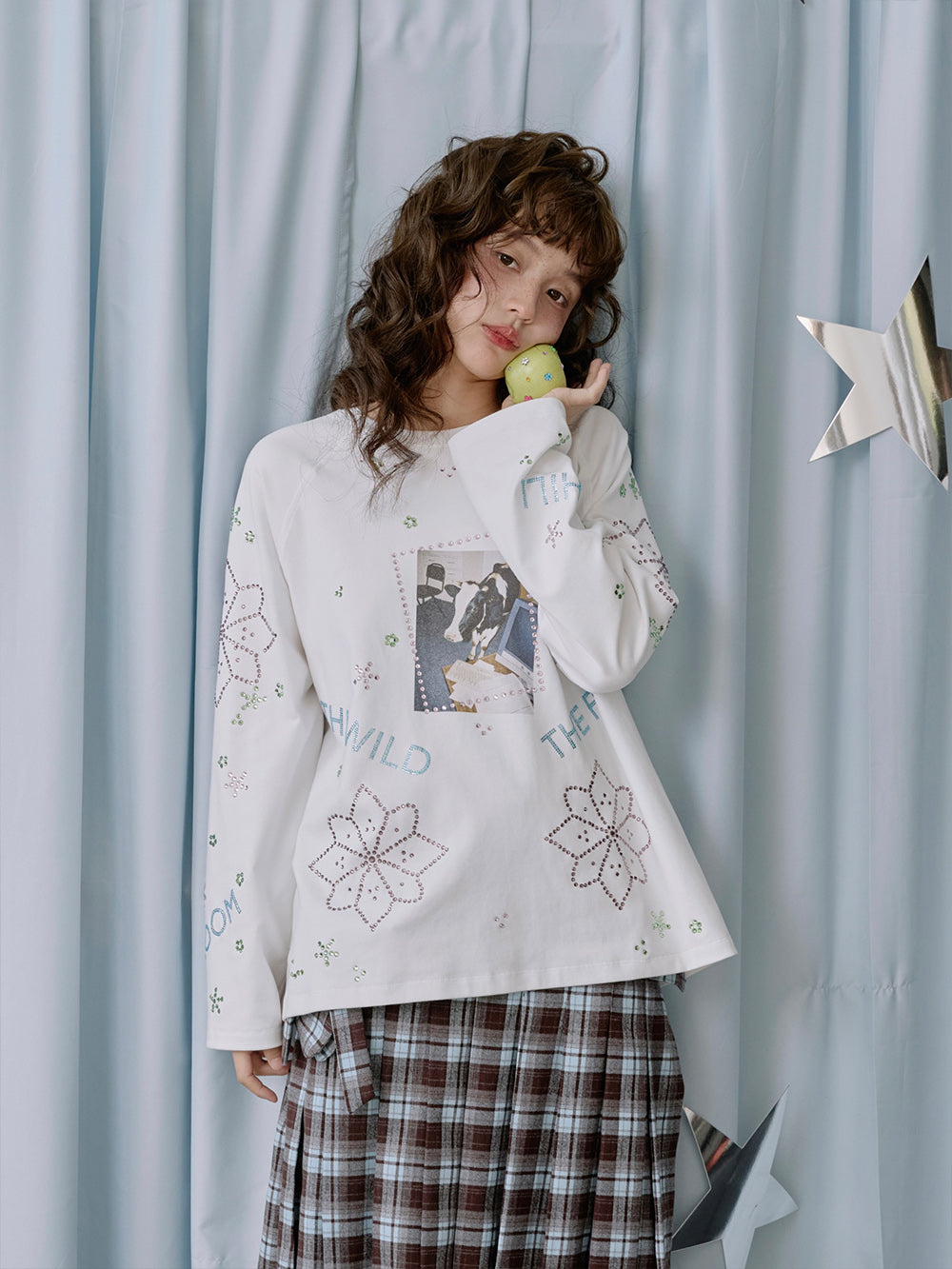 MUKTANK×LOUMUTAKU Cattle and Horse Printed Rhinestone Long-Sleeve T-Shirt