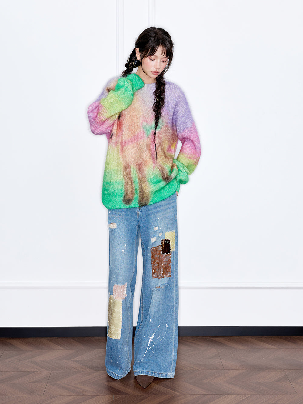 MUKZIN“The Sequence of Deer's Call”Rainbow Gradient Tie-Dye Pony Pattern Oversized Fuzzy Knit Sweater
