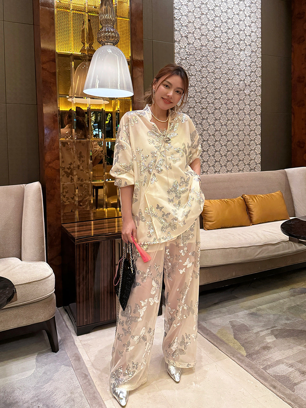 MUKZIN“Capsule Collection”Jacquard Tulle Sheer Wide-Leg Pants