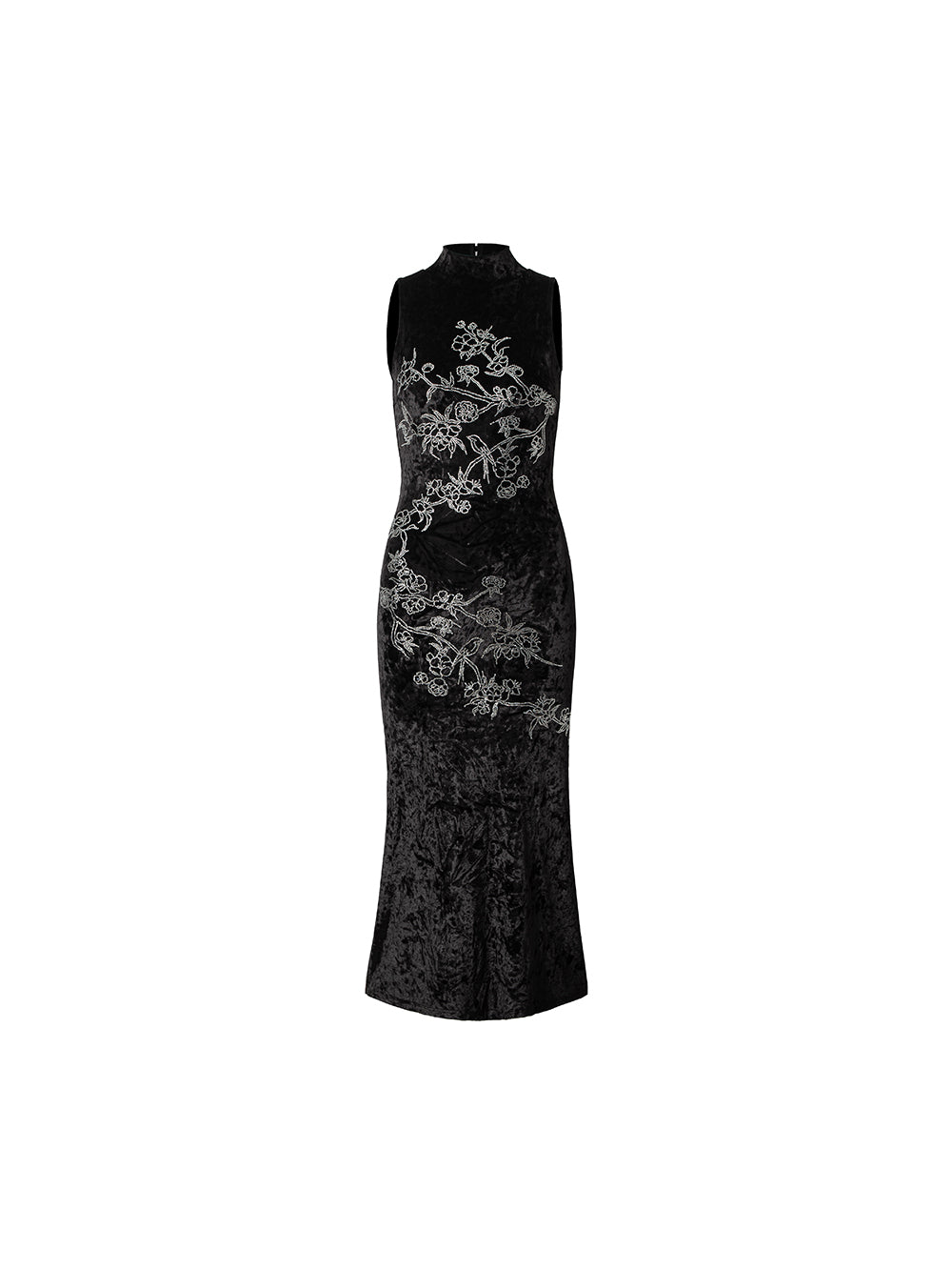 MUKTANK×LOUMUTAKU Qipao Made of Velvet With Flower and Bird Patterns and Hot-fixed Rhinestones