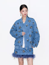 MUKZIN“Capsule Collection”Denim Baseball Jacket with Full Diamond Rose Embellishments