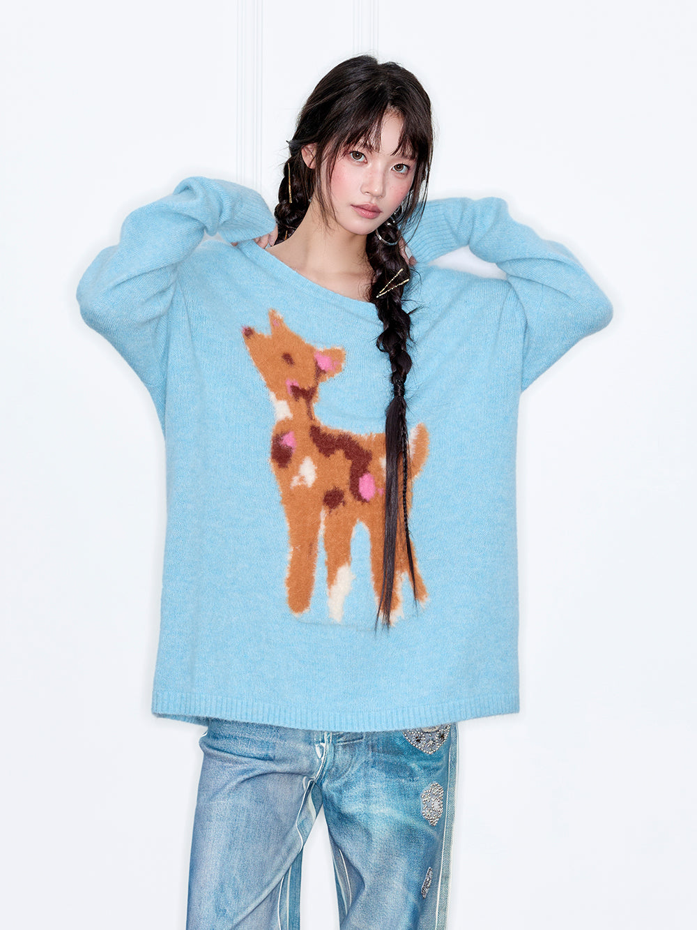 MUKZIN“The Sequence of Deer's Call”Light Blue/Soft Pink Deer Pattern Oversized Fuzzy Knit Sweater