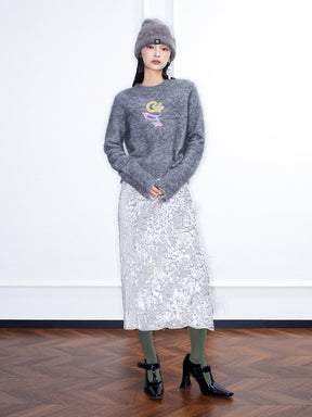 MUKZIN Linglong Long —Snake Embroidery Mohair Blend Sweater (White/Grey)